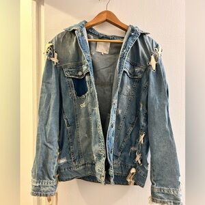 Distressed Denim Jacket with Lace-Up Details